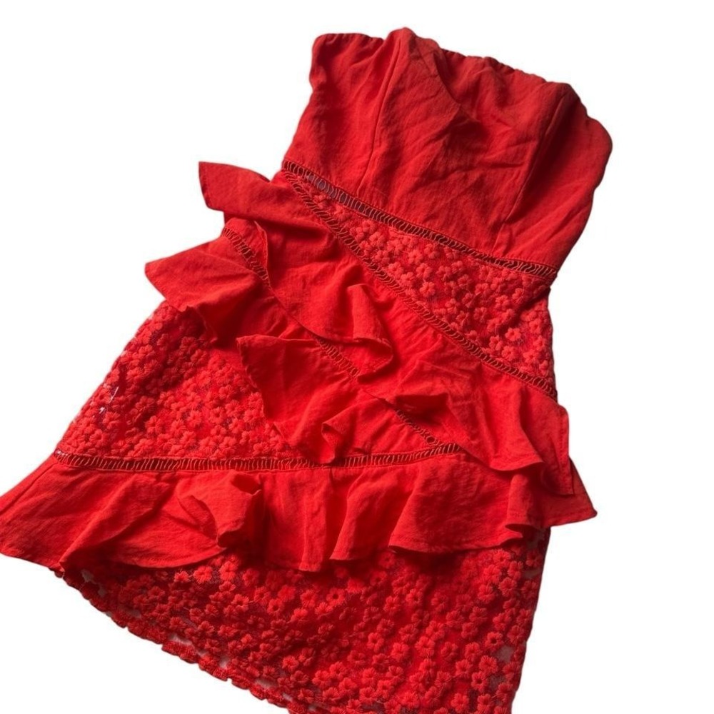 Saints & Secrets Summer Red Strapless Ruffle Mini Dress Size Small - Picture 3 of 6